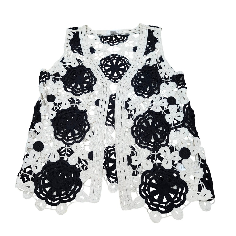 House of Harlow 1960 Open‎ Front Crochet Vest Black White Floral Lace One Size